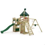 Aire de jeux en bois fatmoose riverrun avec balanoire et toboggan vert
