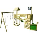 Aire de jeux pirate en bois willi avec vigie - balan�oire trap�ze toboggan mur descalade cabane sur plateforme ...