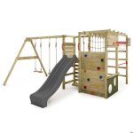 Aire de jeux bois fatmoose actionarena air xxl avec double balan�oire toboggan anthracite et mur d?escalade ...
