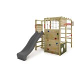 Aire de jeux bois fatmoose actionarena air xxl anthracite avec toboggan et mur d?escalade panier basket ...