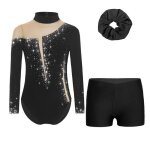 Aislor 3pcs tenue patinage artistique fille enfant justaucorps gymnastique danse short bandeau strass ...