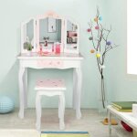 Alightup - coiffeuse en bois pour enfants vec miroir pliable � trois tiroirs chaise et tiroir blanc + ...