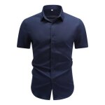 Allthemen chemise  manches courtes pour hommes couleur unie revers ample dcontracte - bleu fonc