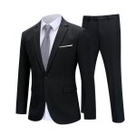 Allthemen costume homme formel 2 pices un bouton slim fit veste couleur uni daffaire noir