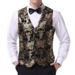 Allthemen gilet homme paisley jacquard classique smoking vestes de costume de mariage formel noir argent ...