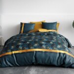 Alpes blanc - housse de couette ginko coton 57 fils - parure de lit bleu min�ral et dor�e avec taies ...