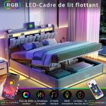 Ambiance - lit coffre 140x190 avec double rangement t�te de lit avec niches led et usb en tissu gris ...