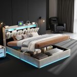 Ambiance - lit coffre 140x200 en tissu gris lit coffre + tête de lit rangement avec led port usb et sommier ... Ambiance - lit coffre 140x200 en tissu gris lit coffre + tête de lit rangement avec led port usb et sommier ...