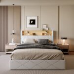 Ambiance - lit rembourr� - 160 x 200 cm - avec t�te de lit �tag�re double �clairage led & ports usb / ...