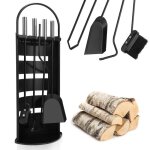 Aopunly ensemble serviteur de cheminée noir inox 5 éléments pelle balai tisonnier pince avec support Aopunly ensemble serviteur de cheminée noir inox 5 éléments pelle balai tisonnier pince avec support