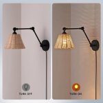 Applique murale bras oscillant abat - jour rotin style rustique e27 cble avec prise et interrupteur