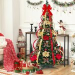 Arbre de nol pliable - sapin de nol 42x120h cm - arbre de nol artificiel  led - rubans et n?uds dcoratif ...