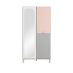 Armoire 2 portes blanc mat avec miroir et poignes rose