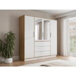 Armoire 4 portes et 3 tiroirs - avec miroirs - l196 cm - coloris : naturel et blanc - lamiki