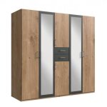 Armoire 4 portes chnes poutres 2 portes miroirs diver 225 cm 2 tiroirs graphites