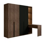 Armoire 4 portes avec coiffeuse intgre norvik ? noyer et noir ? miroir led et rangements inclus