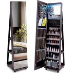 Armoire � bijoux � roulettes 360� - relax4life - miroir pleine longueur - �clairage led - 5 �tag�res ...