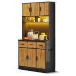 Armoire buffet de cuisine haut meuble de rangement vaisselier avec Éclairage led Étagères ajustables ... Armoire buffet de cuisine haut meuble de rangement vaisselier avec Éclairage led Étagères ajustables ...