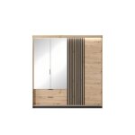 Armoire chambre double penderie et �tag�res 3 portes miroir 220cm ch�ne et noir - lyta