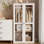 Armoire chambre enfant - portes vitr�es - 80�50�150 cm - penderie + �tag�res r�glables - blanc & bois ...