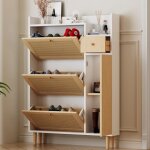 Armoire  chaussures en rotin avec 4 portes et 1 petit tiroir meuble a chaussures entree range chaussures ...