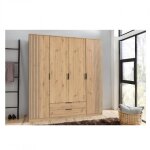 Armoire avec corniche belou 5 portes 2 tiroirs décor chêne artisan rechampis aspect clayettes Armoire avec corniche belou 5 portes 2 tiroirs décor chêne artisan rechampis aspect clayettes