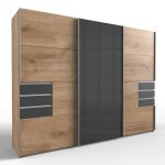 Armoire coulissante amora 270cm ch�ne poutre 6 tiroirs graphite porte sobre verre gris