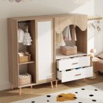 Armoire enfant 2 portes coulissantes + �tag�re ouvert blanc bois naturel 141. 5 cm - meuble combin� chambre ...