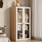 Armoire enfant 2 portes vitr�es �tag�res coulissantes blanc + bois 80�50�150 cm