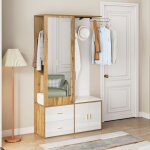 Armoire haute avec miroir ensemble de garde - robe avec meuble � chaussures et crochets et tringle � ...