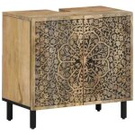 Armoire lavabo salle de bain bois massif - vidaxl - bois de manguier - brun - 62x33x58 cm - motif sculpt� ...