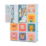 Armoire modulable enfants - dreamade - 12 cubes - 2 portes et poteau de suspension - tagres motif animaux ...
