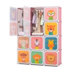 Armoire modulable enfants - dreamade - 12 cubes - 2 portes et poteau de suspension - tagres motif animaux ...
