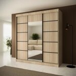 Armoire monika style chne sonoma avec portes coulissantes et dtails noirs ? miroir intgr