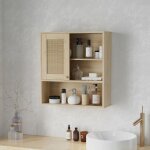 Armoire murale meuble haut salle de bain avec porte coulissante en rotin et �tag�res ouvertes bois naturel ...