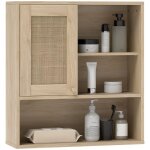 Armoire murale salle de bain - homcom - porte coulissante en rotin et �tag�res ouvertes 60 x 20 x 65 ...