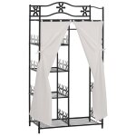 Armoire penderie multi rangements 5 �tag�res 84l x 42l x 1585h cm m�tal noir motif fleurs 2 rideaux blanc ...