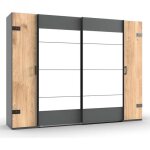 Armoire stoke 2 portes coulissantes miroirs 2 portes battantes corps graphite rechampis chêne poutre Armoire stoke 2 portes coulissantes miroirs 2 portes battantes corps graphite rechampis chêne poutre