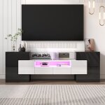 Armoire tv el�gante avec �clairage led meuble tv brillant moderne surface en verre blanc et noir 145x30x51cm ...