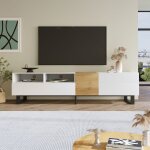 Armoire tv moderne meuble tv design minimaliste 2 portes2tiroirs banc tv aspect blanc et bois 180x38x50cm ...