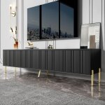Armoire tv noir grand meuble tv 4 portes en design rainuré style moderne pieds dorés élégants 190x38x48cm ... Armoire tv noir grand meuble tv 4 portes en design rainuré style moderne pieds dorés élégants 190x38x48cm ...