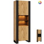 Armoire vitrine lovy en noir et bois ch�ne avec led rgb 70 cm sans poign�es