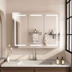 Armoire wc murale avec miroir  lumires led meuble rangement suspendu 3 portes tagres salle de bain ...