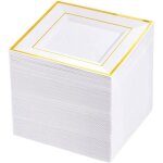 Assiettes carr�es r�utilisables en plastique � bord dor� assiettes � salade et � dessert en plastique ...