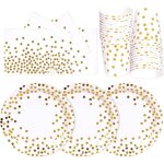 Assiette jetable - kal - vaisselle f�te 72 pi�ces or blanc assiettes tasses serviettes 24 invit�s barbecue ...