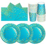 Assiette jetable - kal - vaisselle f�te 72 pi�ces or bleu clair poudr� assiettes tasses serviettes 24 ...