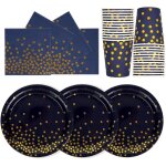 Assiette jetable - kal - vaisselle f�te 72 pi�ces or bleu marine assiettes tasses serviettes 24 invit�s ...