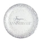 Assiettes rondes joyeux anniversaire gris argent x6