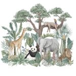 Autocollants muraux cartoon animal de for�t tropicale humideplantes vertes lion girafe �l�phant stickers ...