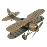 Avion biplan r�tro en m�tal d�coration vintage miniature en m�tal couleur gris et or 22cm